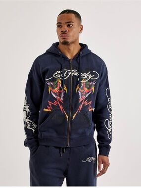Ed Hardy Sunfade Navy Tiger Flame Men's Zip Hoodie